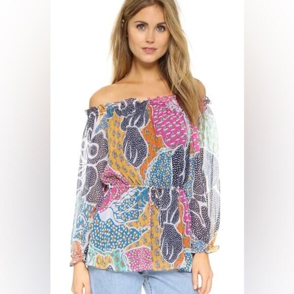 2/$25 Dianne Von Furstenberg Camila Silk Top Off Shoulder Blouse Beach Vacation - Picture 2 of 15